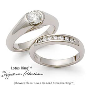 Lotus ring in Platinum set with a diamond and paired with a diamond remember ring